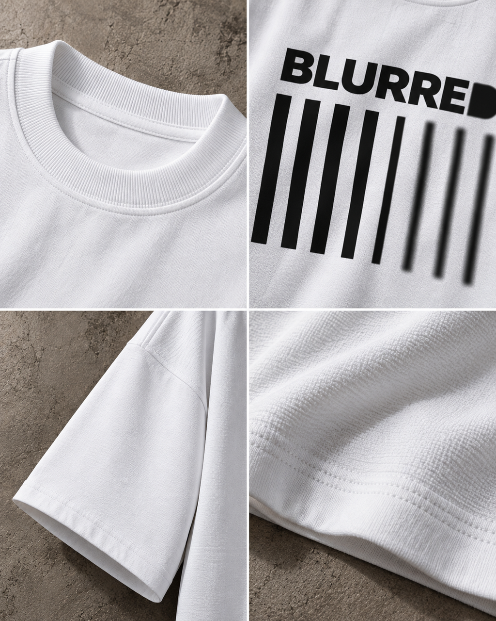 White Blurred oversized t-shirt detail view showing the barcode graphic, typography, fabric and print quality
