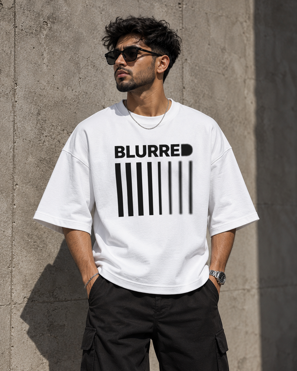 White Blurred oversized t-shirt alternate front view highlighting the BLURRED barcode graphic