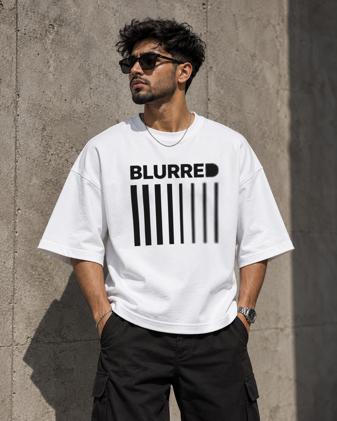 White Blurred oversized t-shirt alternate front view highlighting the BLURRED barcode graphic