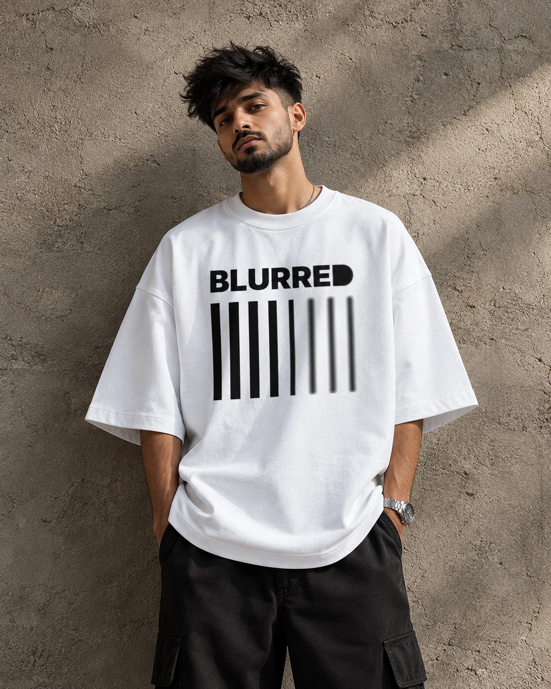 White Blurred oversized t-shirt front view with bold black barcode graphic and BLURRED typography