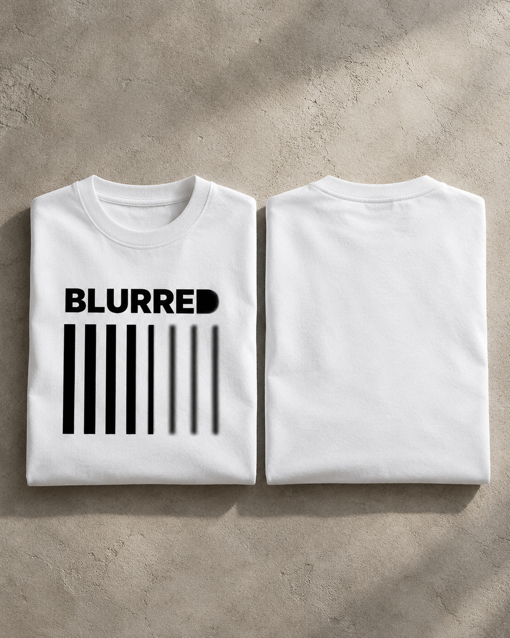 White Blurred oversized t-shirt hero view with bold barcode graphic and BLURRED typography
