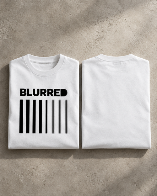White Blurred oversized t-shirt hero view with bold barcode graphic and BLURRED typography