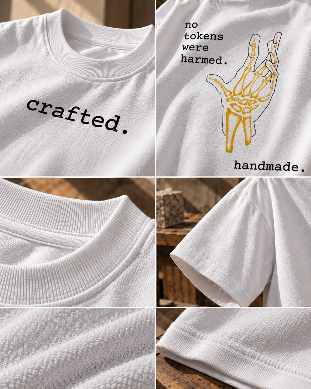 White Crafted Premium Oversized T-Shirt detail view showing typography, skeleton hand artwork and print quality