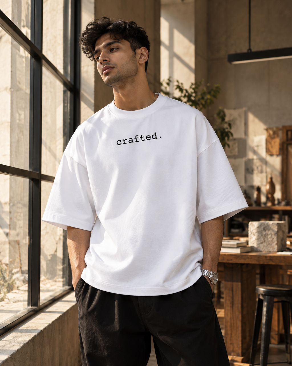 White Crafted Premium Oversized T-Shirt front view with crafted typography graphic