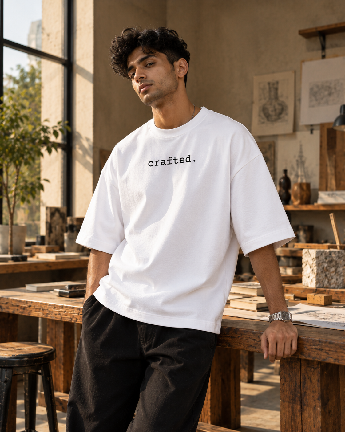 White Crafted Premium Oversized T-Shirt hero view with crafted typography and skeleton hand artwork