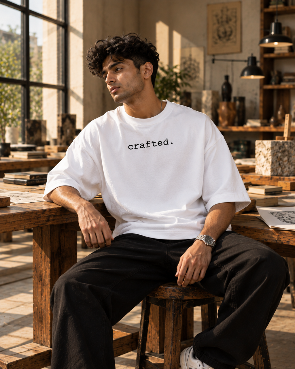 White Crafted Premium Oversized T-Shirt lifestyle view featuring crafted typography and handmade skeleton hand artwork