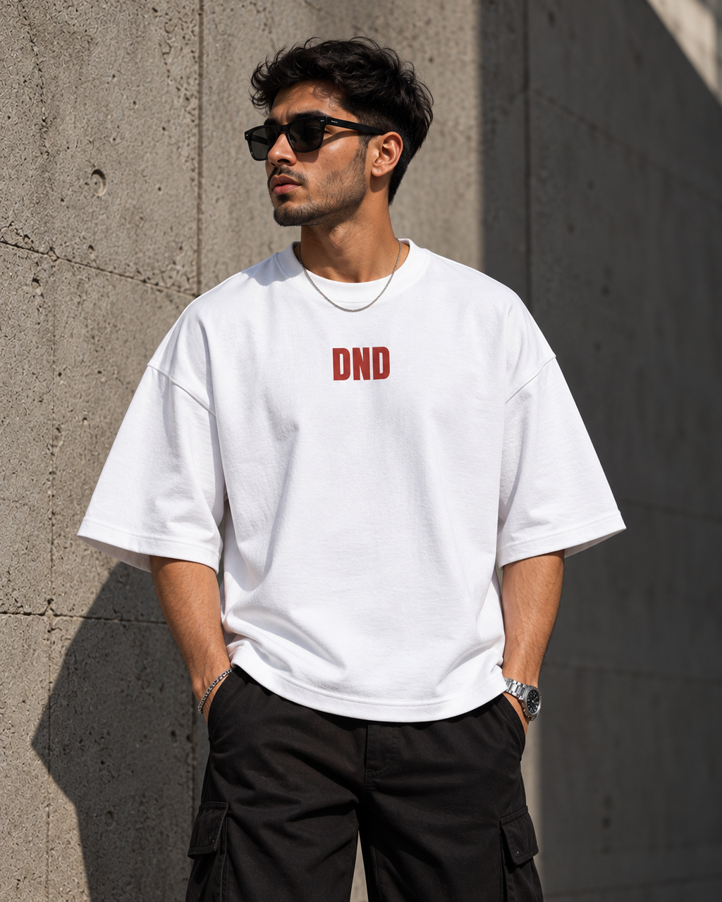 White DND oversized t-shirt front view featuring red DND typography graphic
