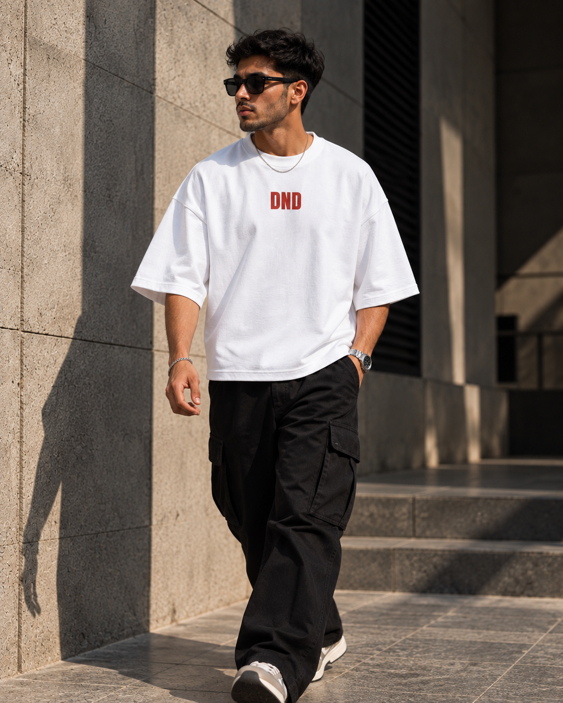 White DND oversized t-shirt lifestyle view featuring red DND graphic and relaxed streetwear fit