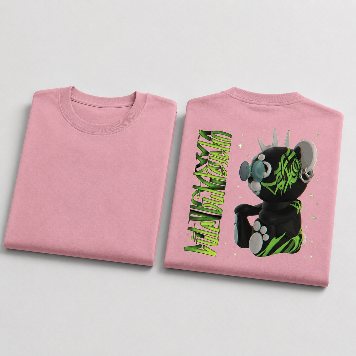 Flamingo Drip Earth oversized heavyweight t-shirt with AFTER HOURS graphic - folded front and back view
