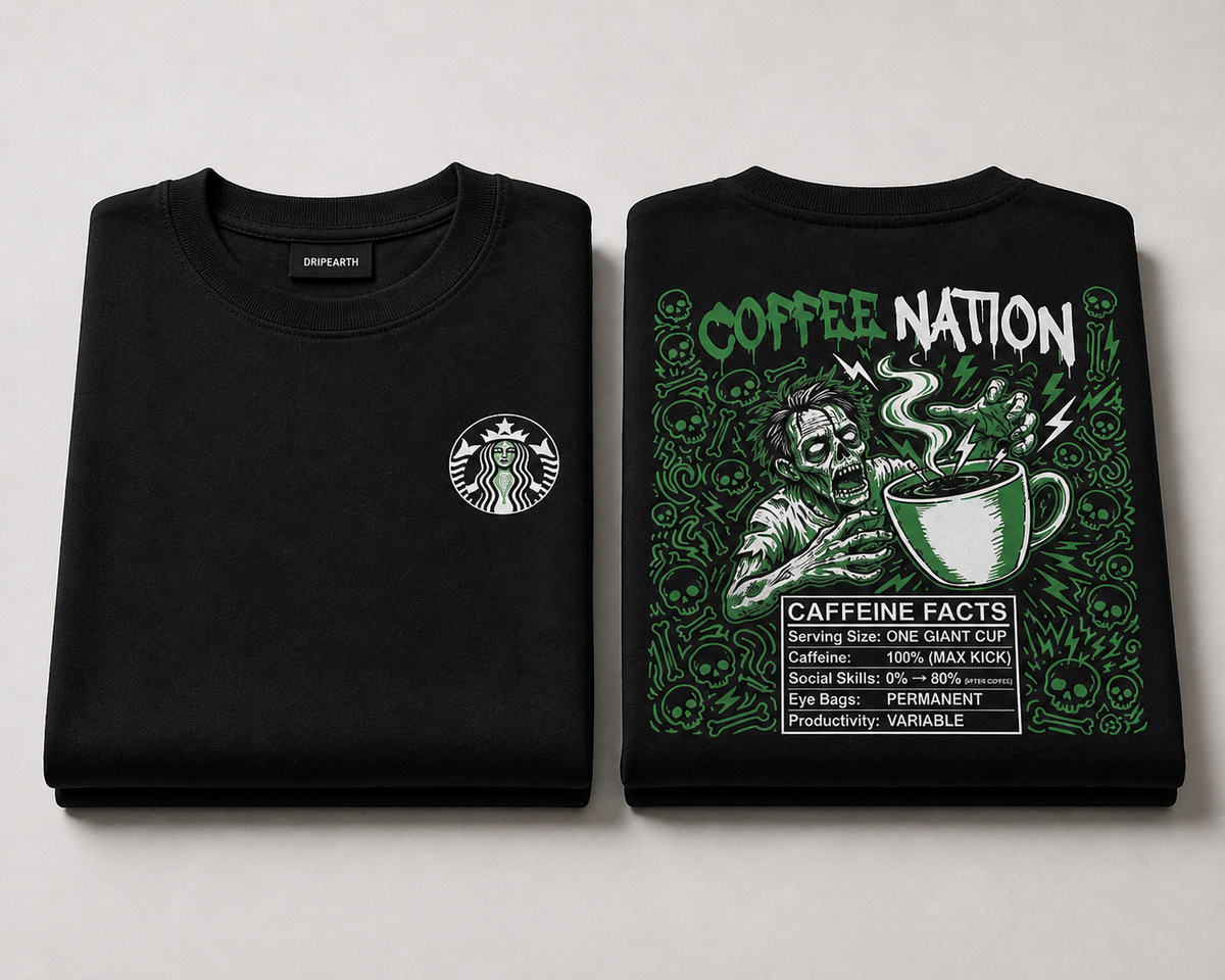Black Drip Earth oversized heavyweight t-shirt with COFFEE NATION graphic - folded front and back view