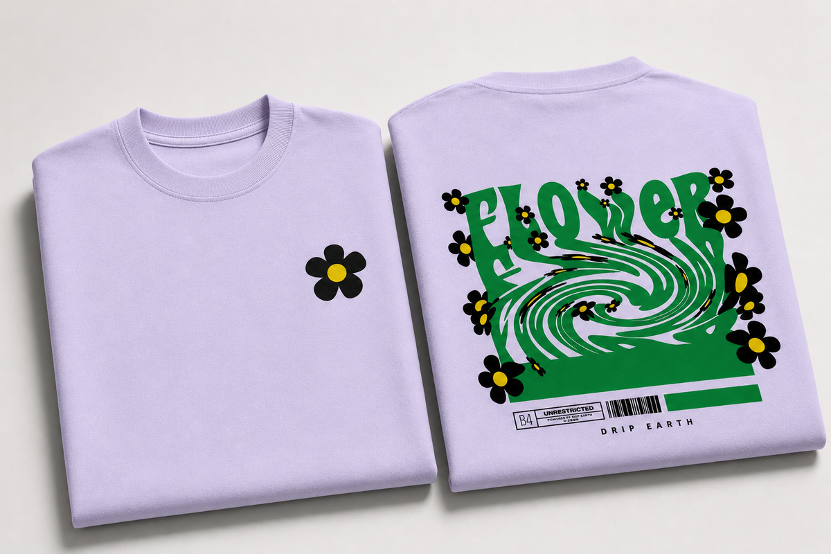 Lavender Drip Earth oversized heavyweight t-shirt with FLOW STATE graphic - folded front and back view