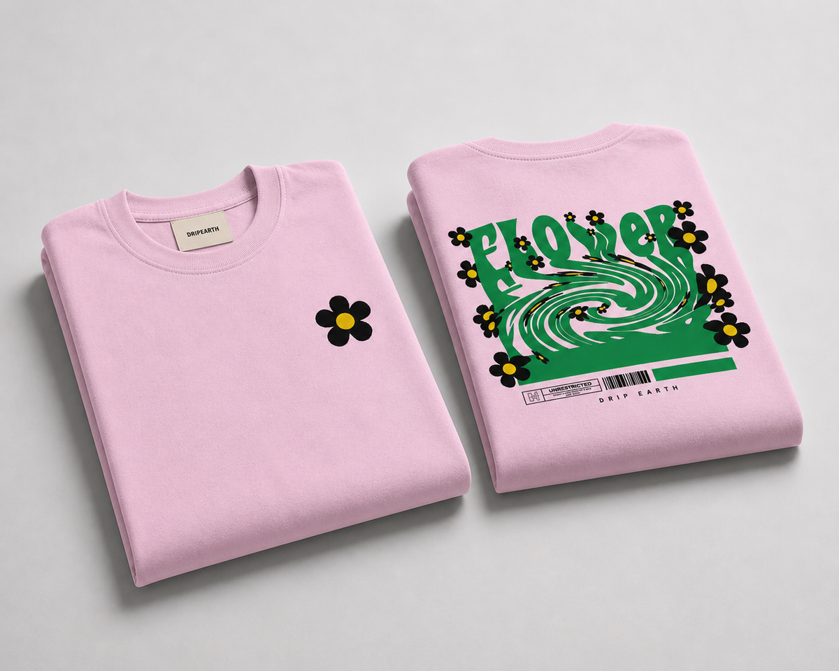 Light-Baby-Pink Drip Earth oversized heavyweight t-shirt with FLOW STATE graphic - folded front and back view