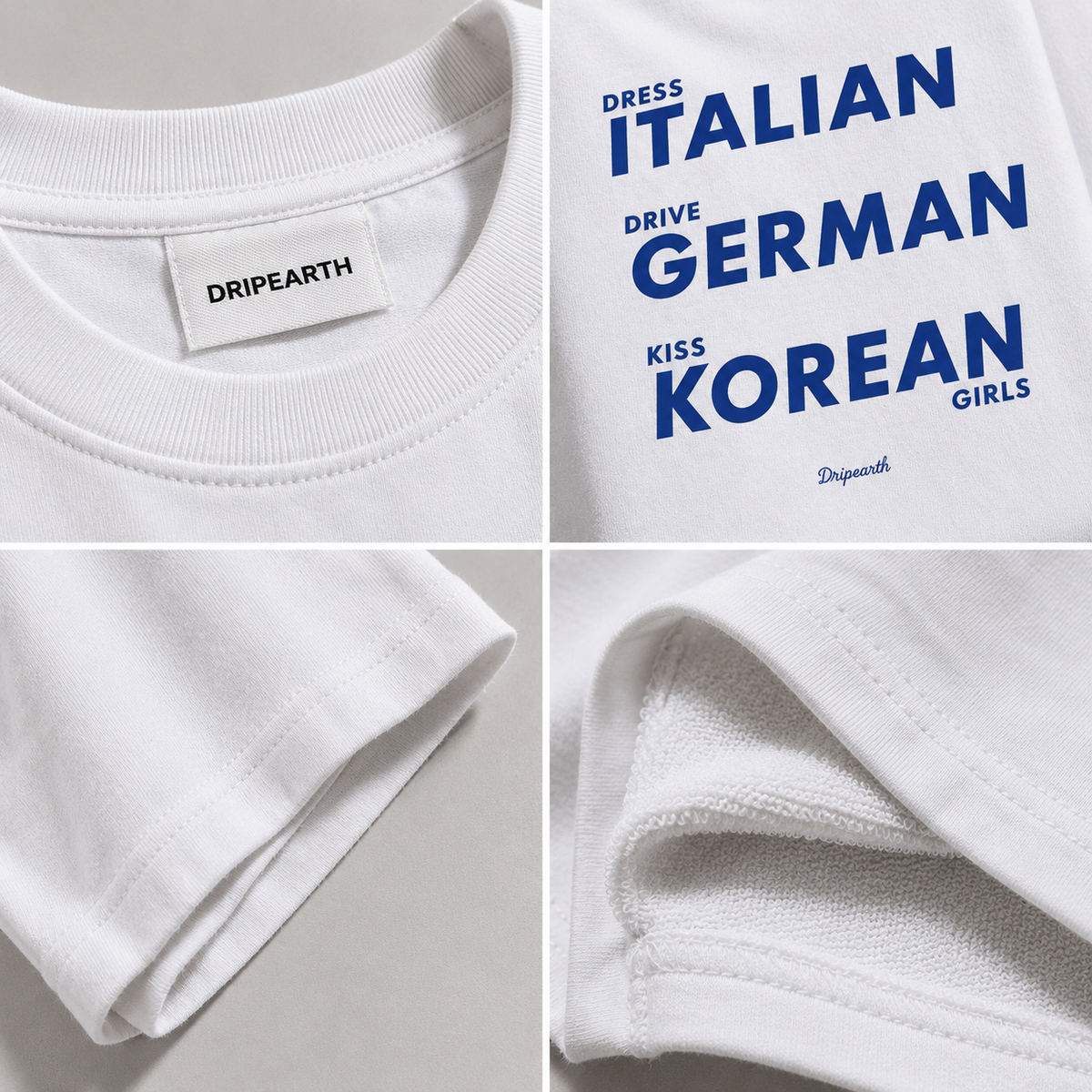 White Drip Earth oversized heavyweight t-shirt detail collage showing collar, print and fabric close-ups