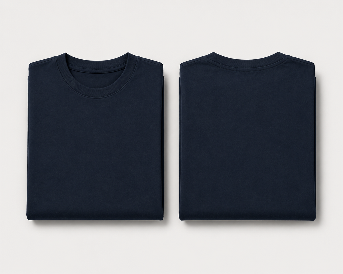 Navy-Blue Drip Earth oversized t-shirt with GROUNDSTATE silhouette - folded front and back view