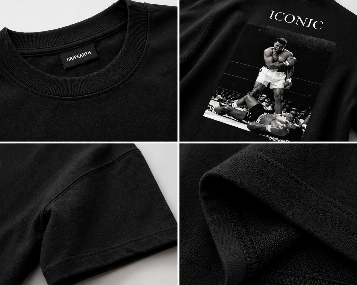 Black Drip Earth oversized heavyweight t-shirt detail collage showing collar, print and fabric close-ups