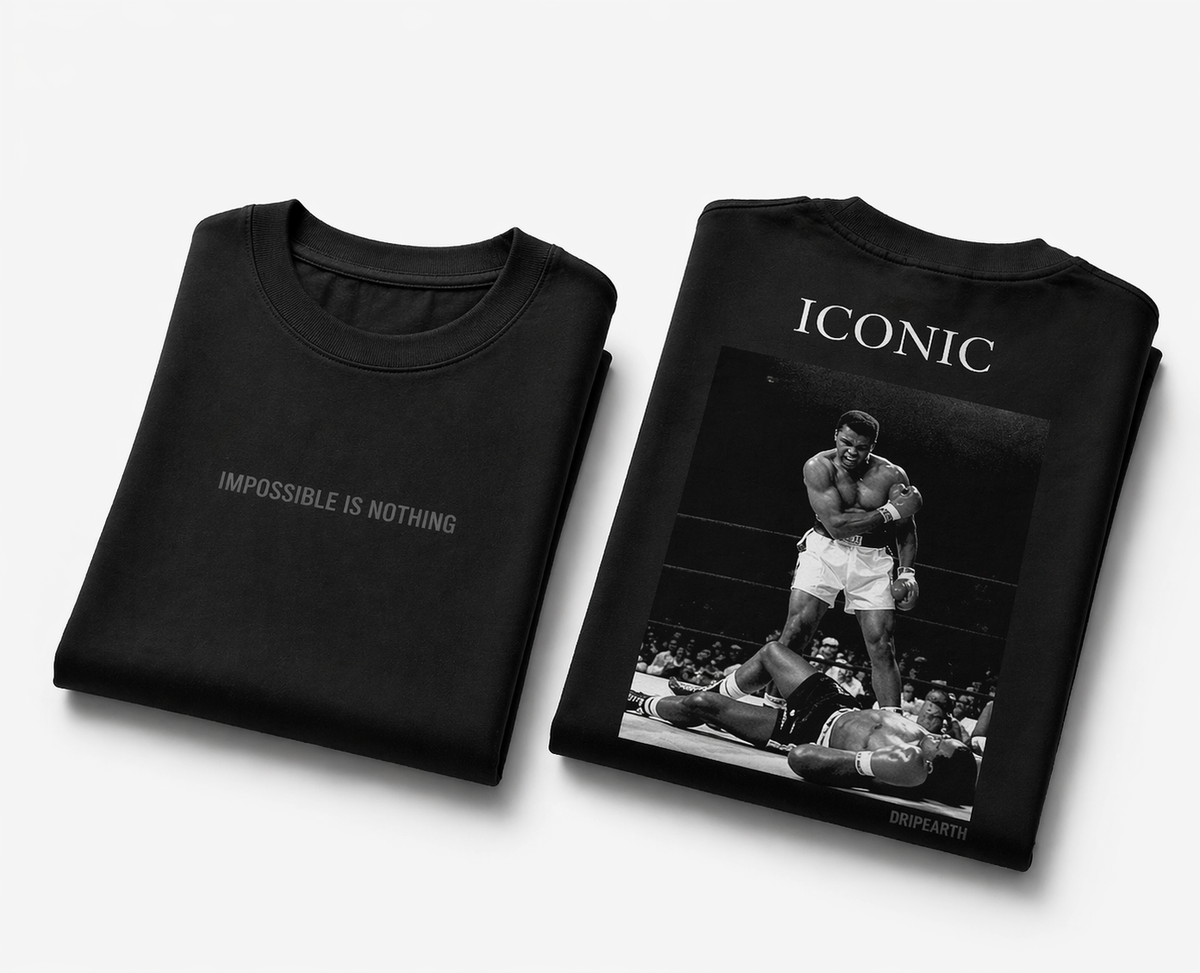 Black Drip Earth oversized heavyweight t-shirt with ICONIC graphic - folded front and back view