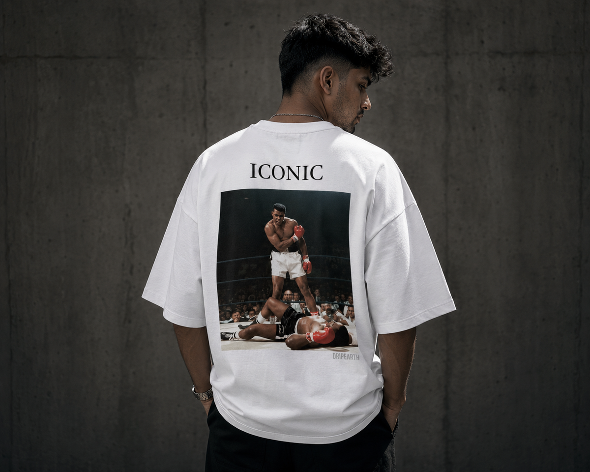 White Drip Earth oversized heavyweight t-shirt with ICONIC Muhammad Ali back graphic - rear model view