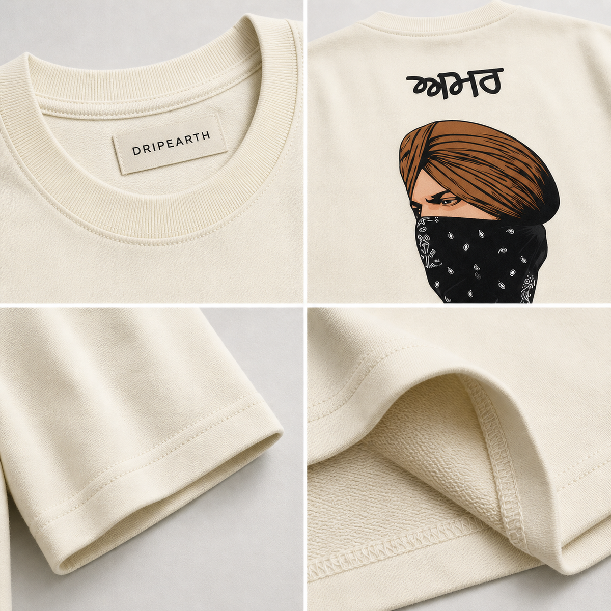 Off-White Drip Earth oversized heavyweight t-shirt detail collage showing collar, print and fabric close-ups