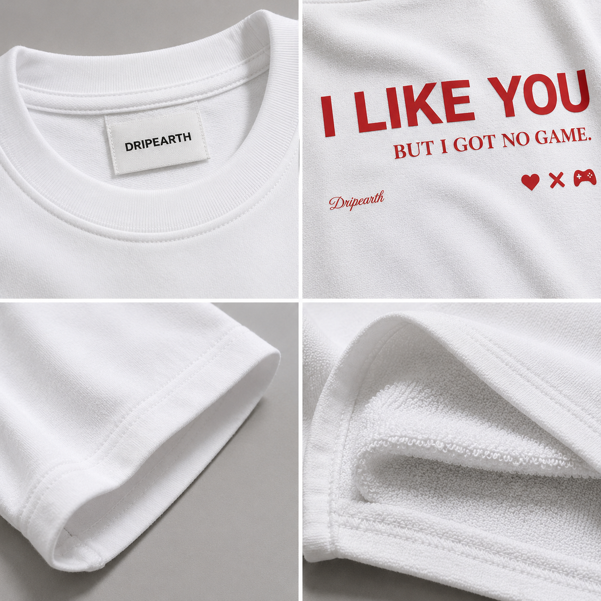 White Drip Earth oversized heavyweight t-shirt detail collage showing collar, print and fabric close-ups