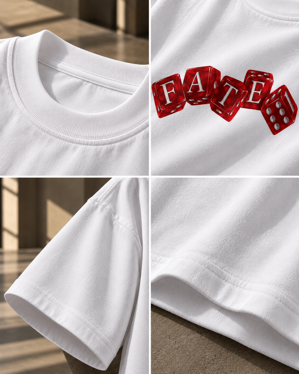 White FATE Premium Oversized T-Shirt detail view showing red dice print and fabric quality