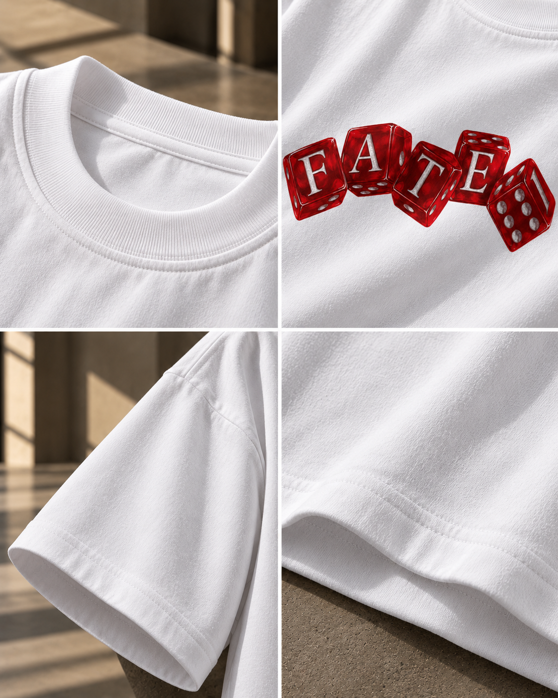 White FATE Premium Oversized T-Shirt detail view showing red dice print and fabric quality