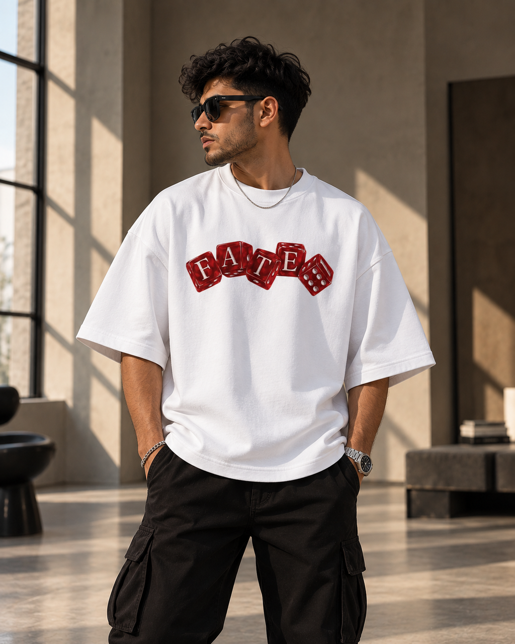 White FATE Premium Oversized T-Shirt front view with red FATE dice graphic