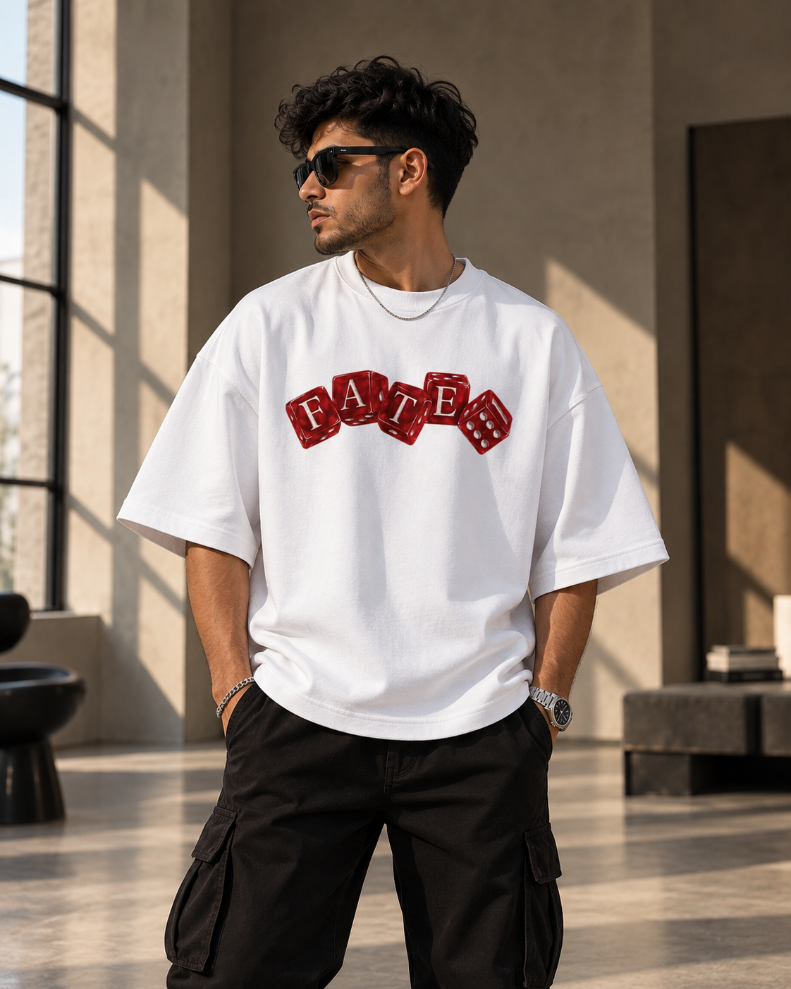 White FATE Premium Oversized T-Shirt front view with red FATE dice graphic