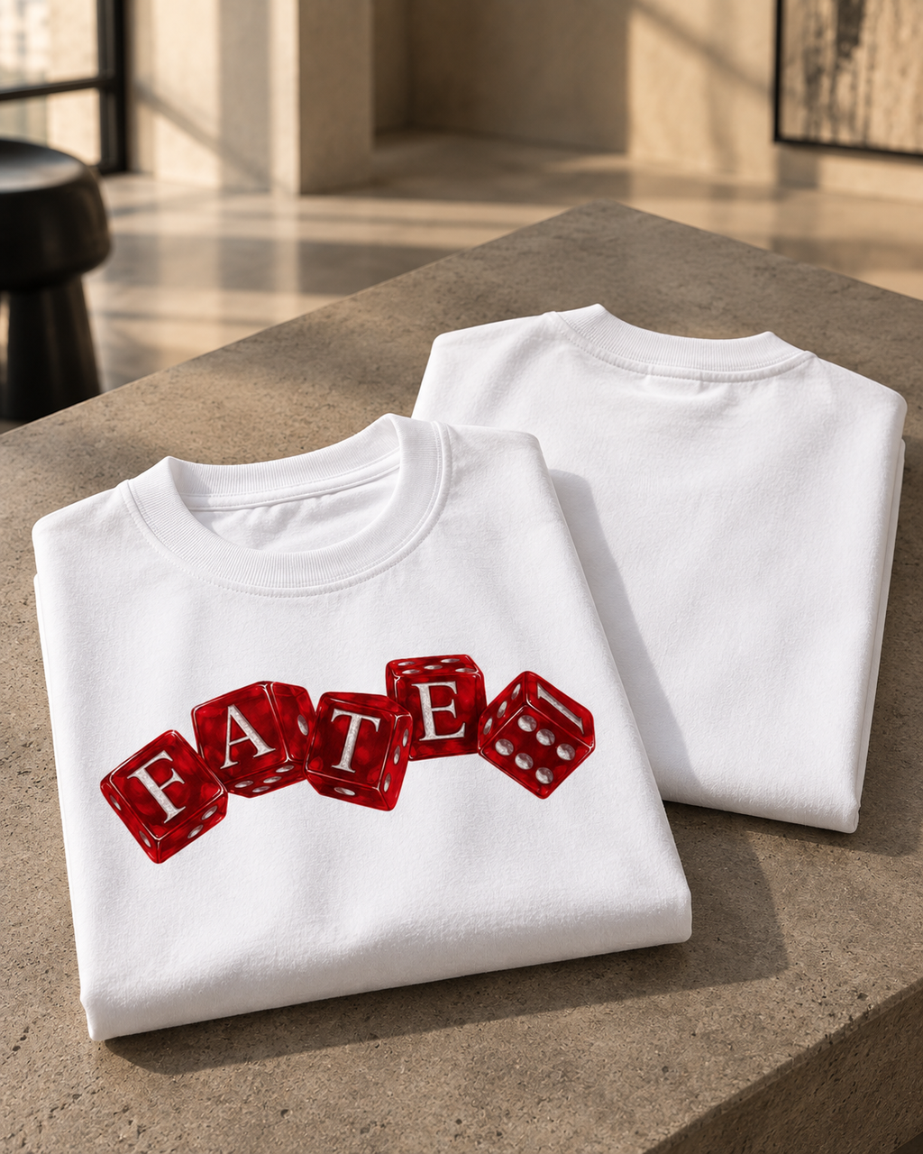 White FATE Premium Oversized T-Shirt hero view with red dice graphic