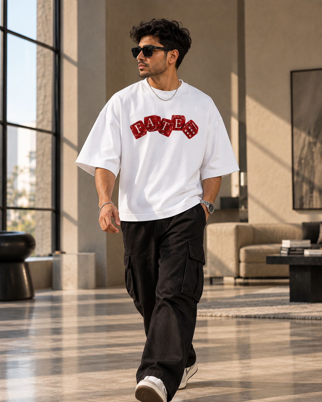 White FATE Premium Oversized T-Shirt lifestyle view with red dice graphic
