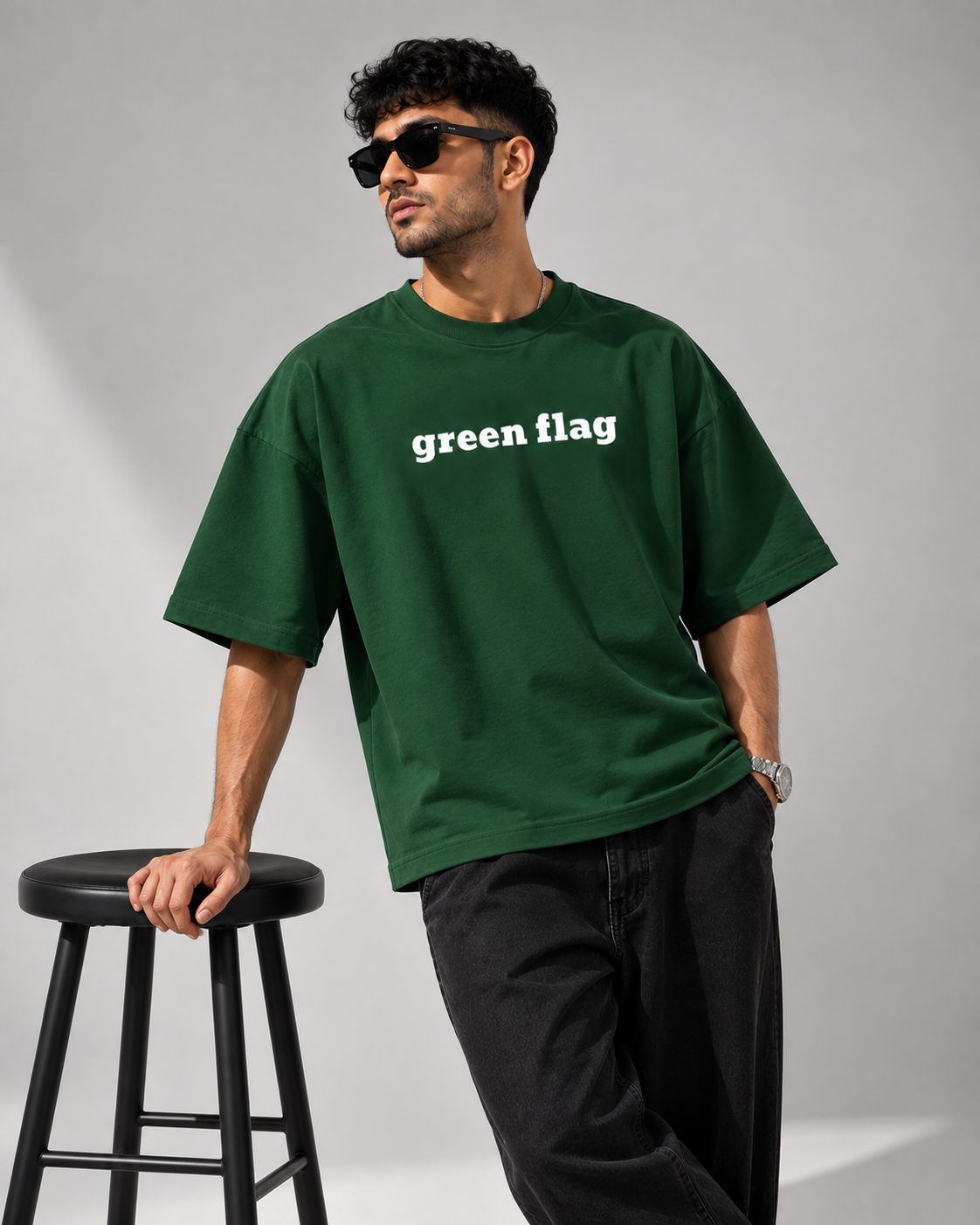 Bottle-Green Flag Premium Oversized T-Shirt alternate front view with green flag typography