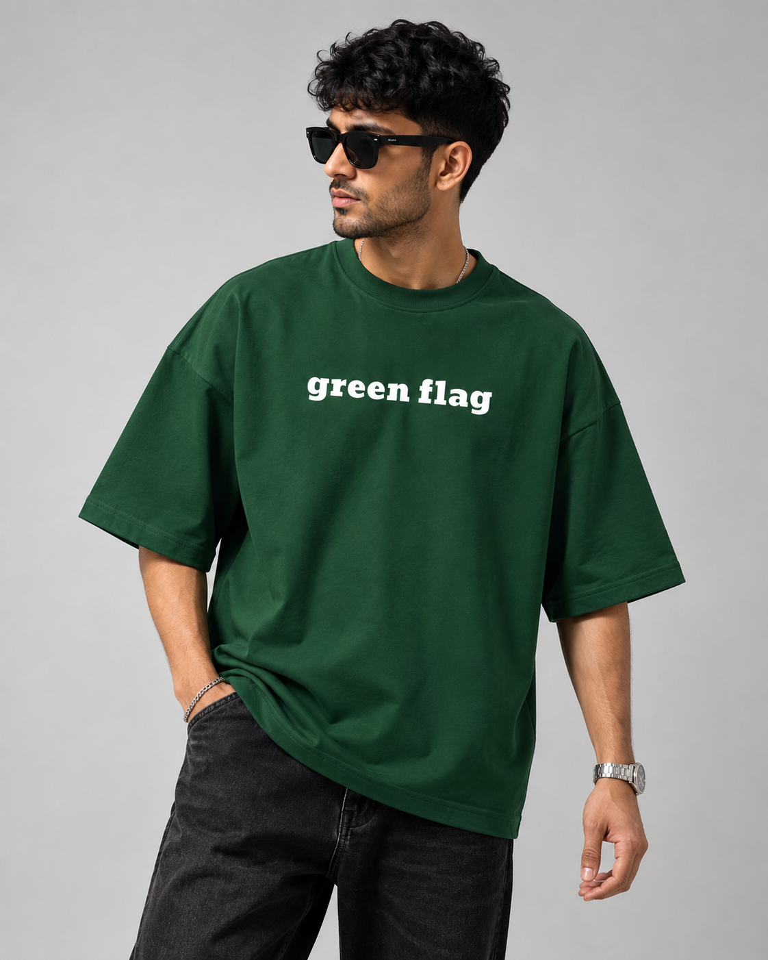 Bottle-Green Flag Premium Oversized T-Shirt front view with flag typography