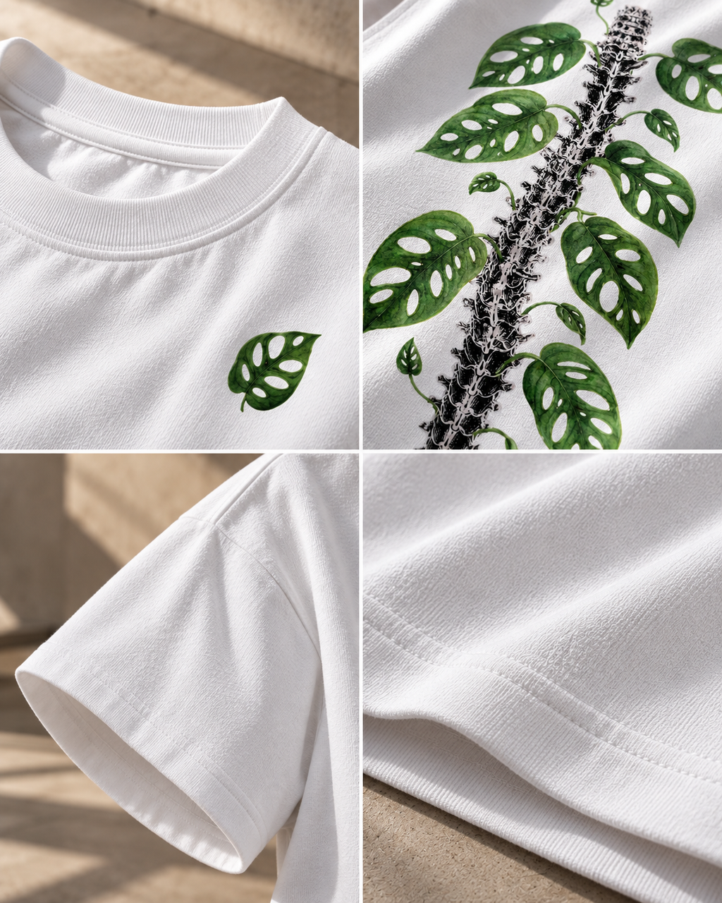 White Leaf Premium Oversized T-Shirt detail view showing green leaf print, botanical artwork and fabric quality