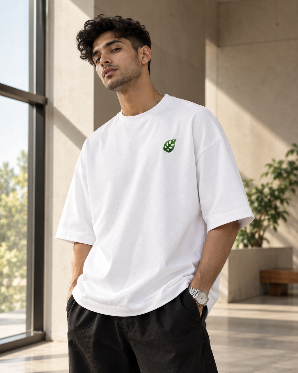 White Leaf Premium Oversized T-Shirt front view with green leaf chest graphic