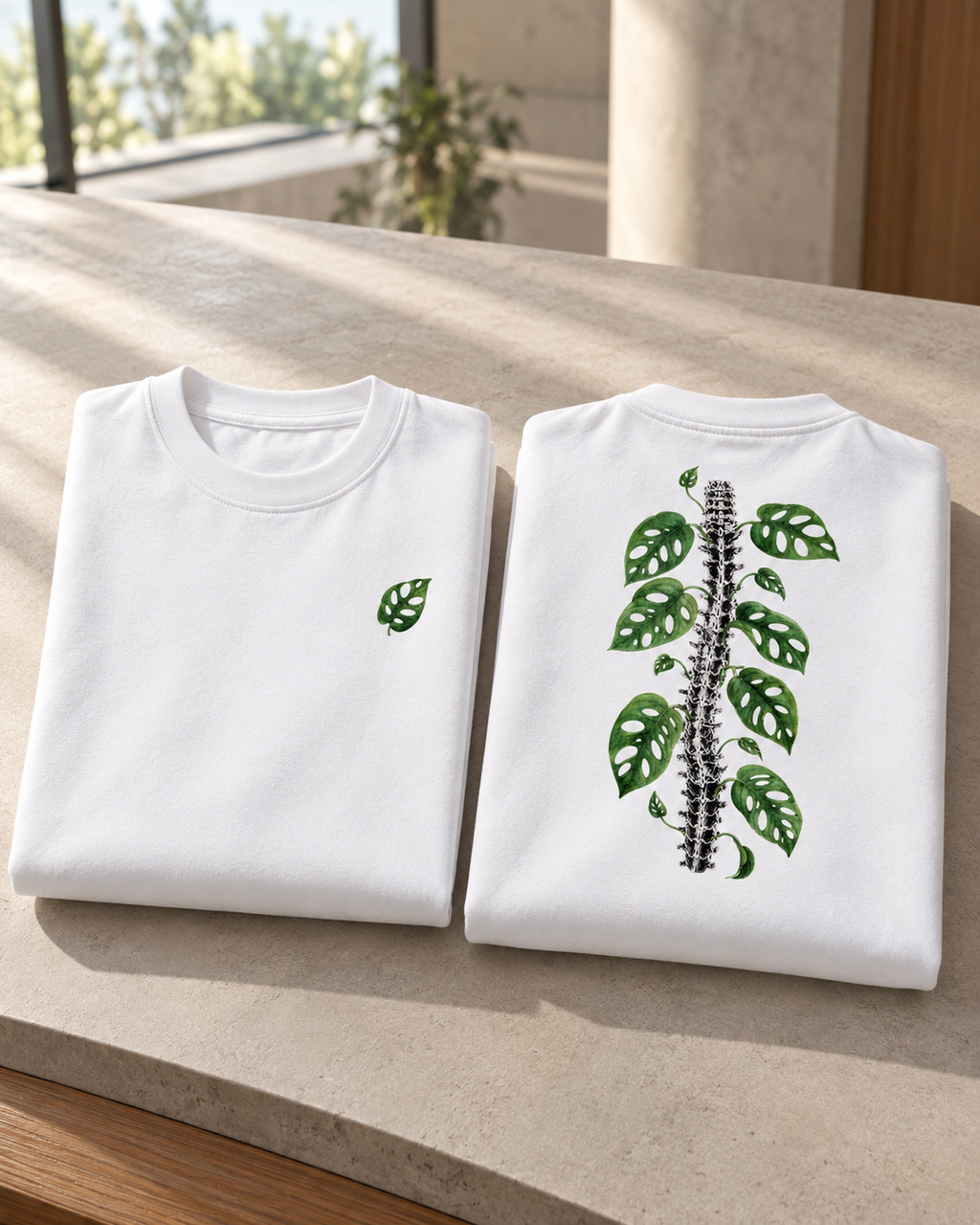 White Leaf Premium Oversized T-Shirt hero view with green leaf graphic