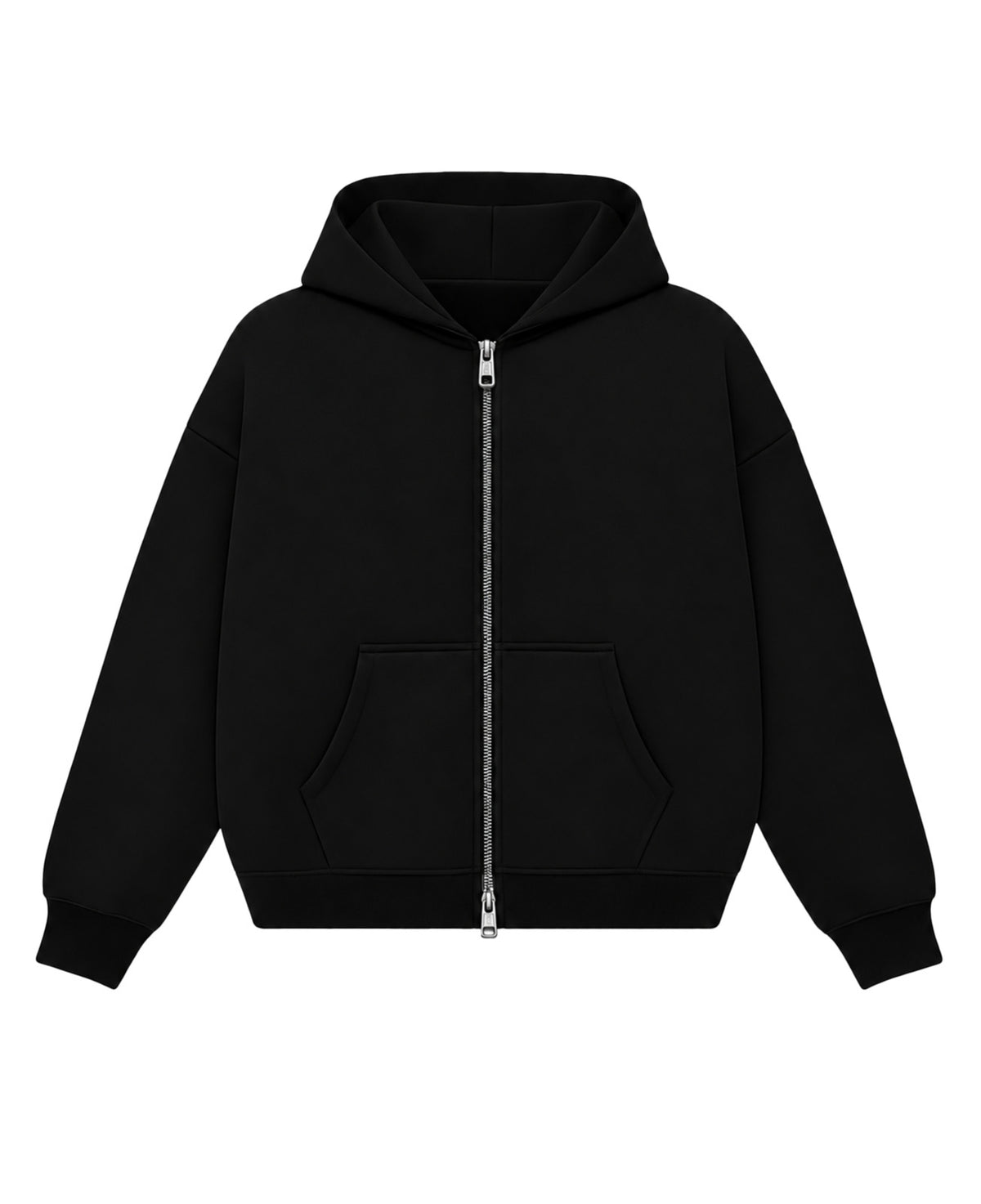 A black zip-up hoodie with a front kangaroo pocket, shown flat against a solid white background. all