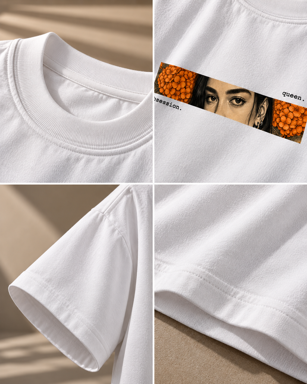 A white short-sleeve crewneck T-shirt shown in a four-panel detail collage. The panels highlight the ribbed collar, the sleeve cuff, the hem stitching, and a partial front graphic print featuring a woman's face over orange textured circles with small black text.