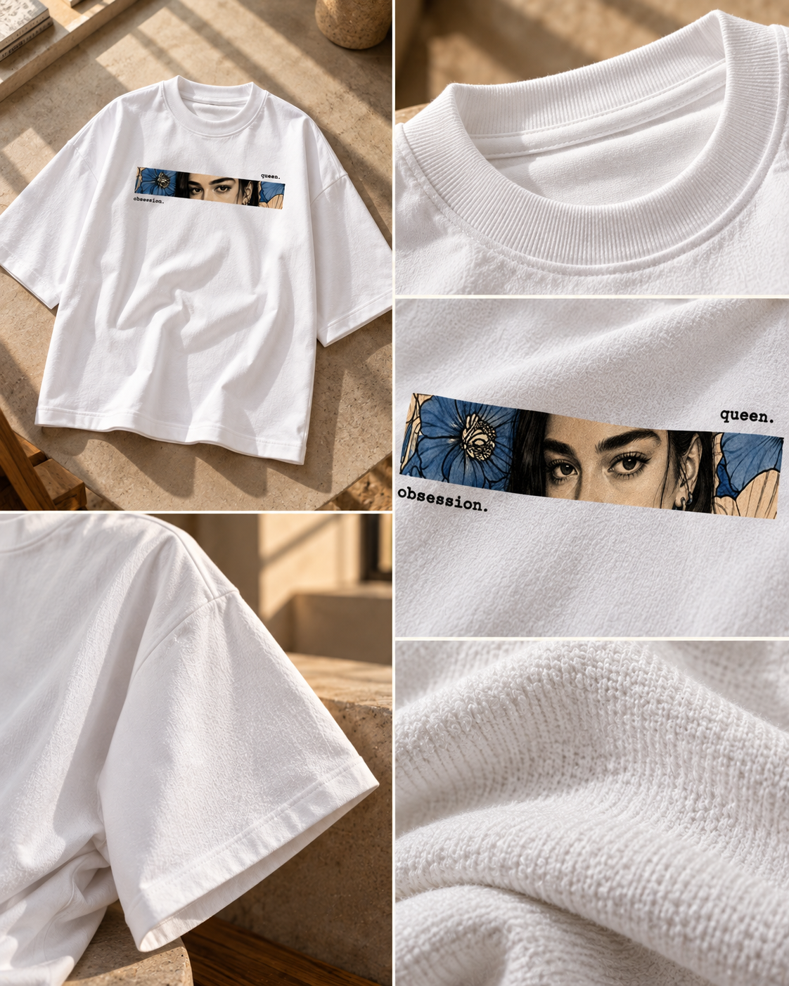 White short-sleeve crewneck T-shirt with a horizontal graphic print featuring a stylized face illustration and the text 'queen. obsession.