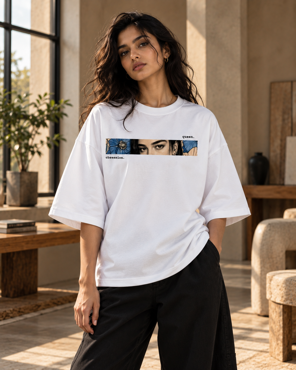 A woman wearing a white oversized graphic T-shirt with a rectangular multicolor print on the chest, paired with black wide-leg pants, standing in a sunlit indoor room with wooden furniture and large windows.