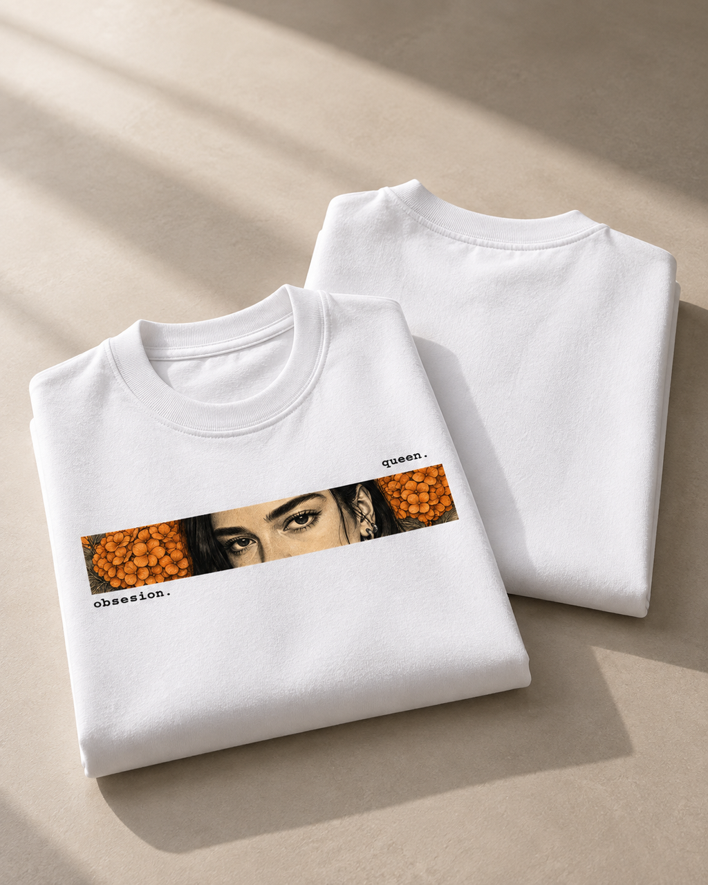 White Obsession Premium Oversized T-Shirt hero view with female eyes and orange floral graphic