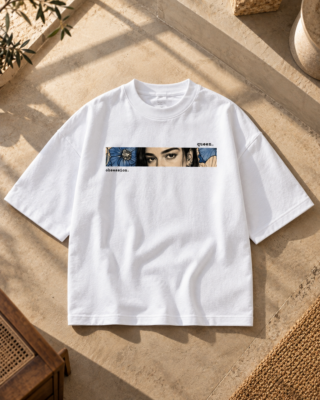 White Obsession Premium Oversized T-Shirt hero view with female eyes, blue floral artwork and obsession graphic