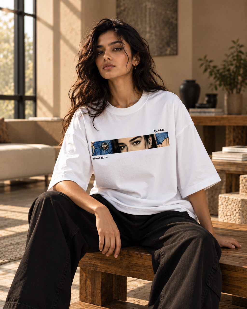 A woman sits on a wooden bench wearing a white oversized T-shirt with a horizontal graphic print featuring a stylized face and the text 'CHANEL' and 'COSTUME'. The background is a warm, sunlit interior with beige walls, windows, and decorative objects.