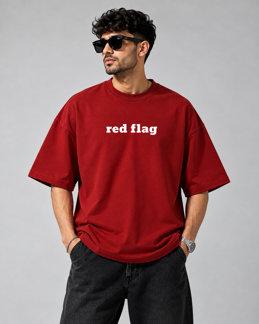 Red Red Flag Premium Oversized T-Shirt front view with red flag typography