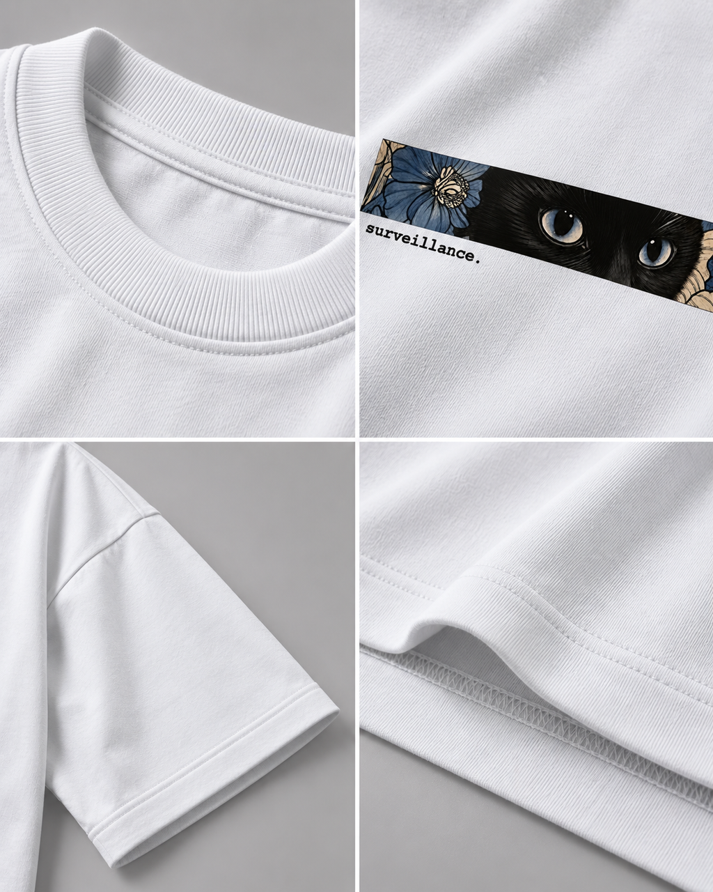 White Surveillance Premium Oversized T-Shirt detail view showing eye graphic, floral artwork and print quality