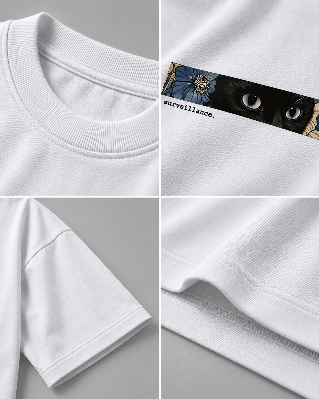 White Surveillance Premium Oversized T-Shirt detail view showing eye graphic, floral artwork and print quality