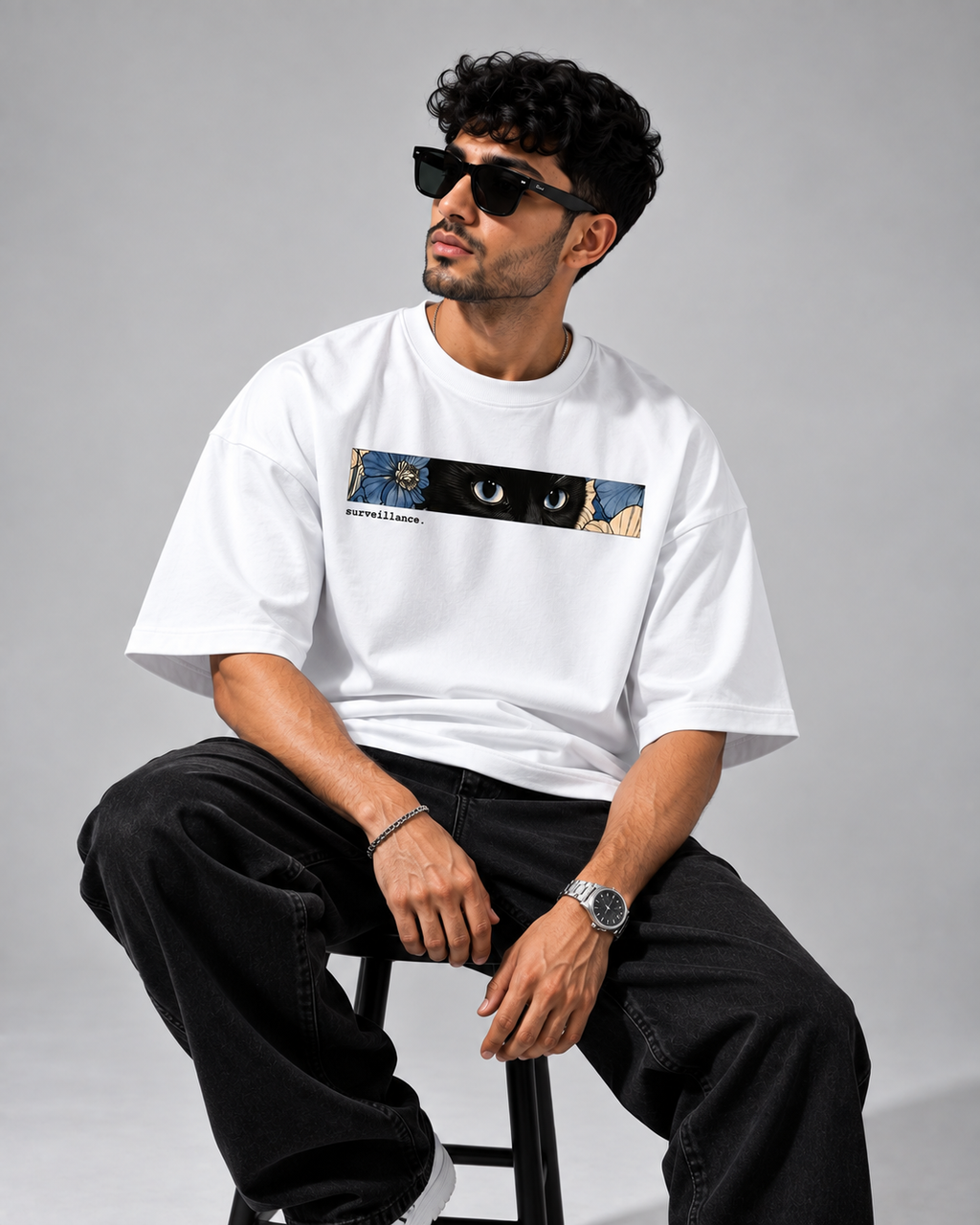 White Surveillance Premium Oversized T-Shirt front sit view with floral eye artwork