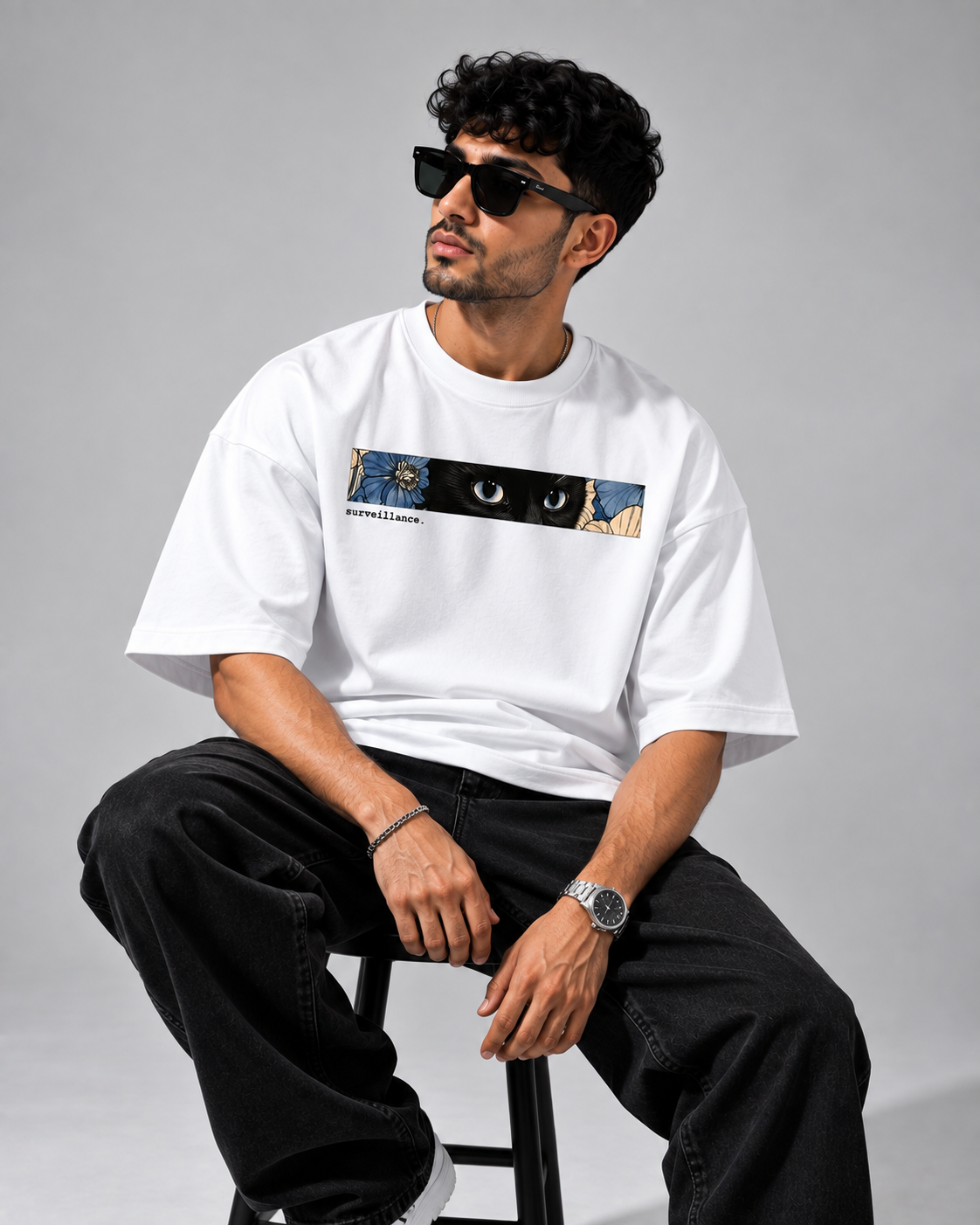 White Surveillance Premium Oversized T-Shirt front sit view with floral eye artwork