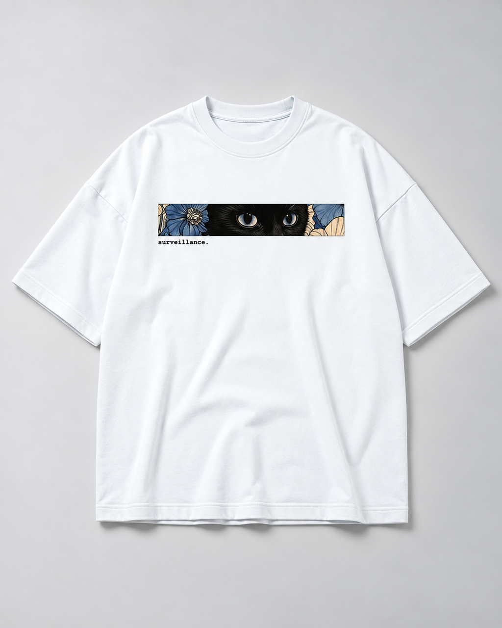 White Surveillance Premium Oversized T-Shirt hero view with blue floral and eye graphic