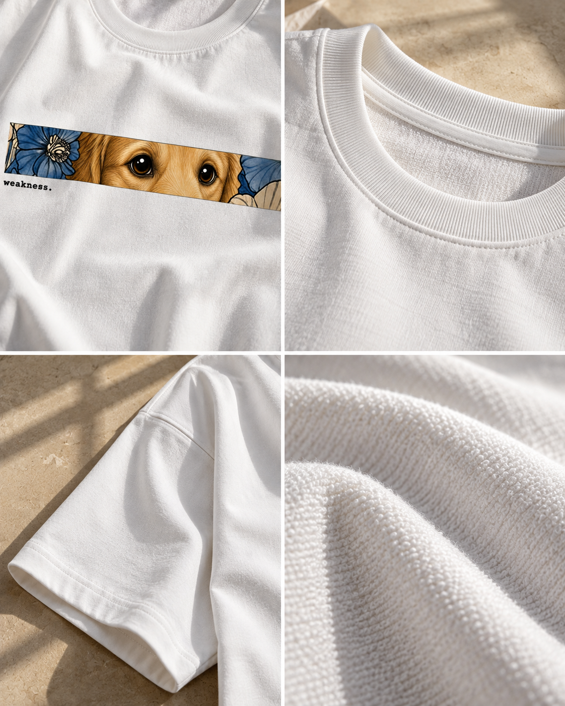 White Weakness Premium Oversized T-Shirt detail view showing dog eyes, floral artwork and print quality