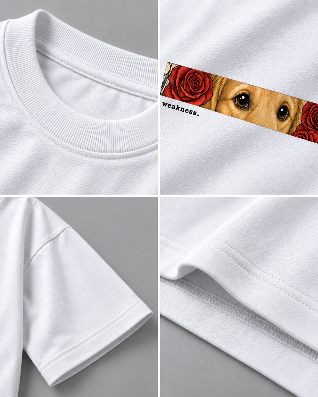 A white short-sleeve crewneck T-shirt shown in a four-panel detail collage. The top-right panel reveals a horizontal graphic print featuring a golden retriever peeking out from behind red roses, with the text 'weakness.
