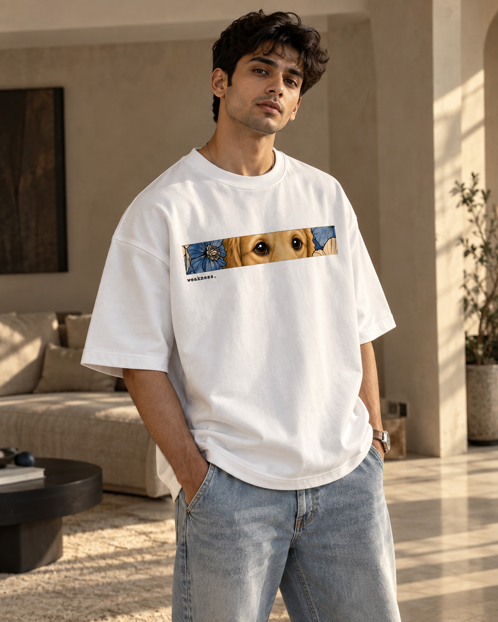 A man wearing a white crewneck t-shirt with a horizontal graphic print of a dog's face and a blue patterned background, paired with light blue jeans, standing in a modern living room.